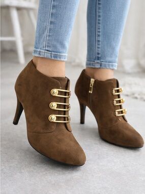 Eva & Zoe Brown Suede Heeled Booties Buckle Detail Size 8.5 Zip Ankle Boots